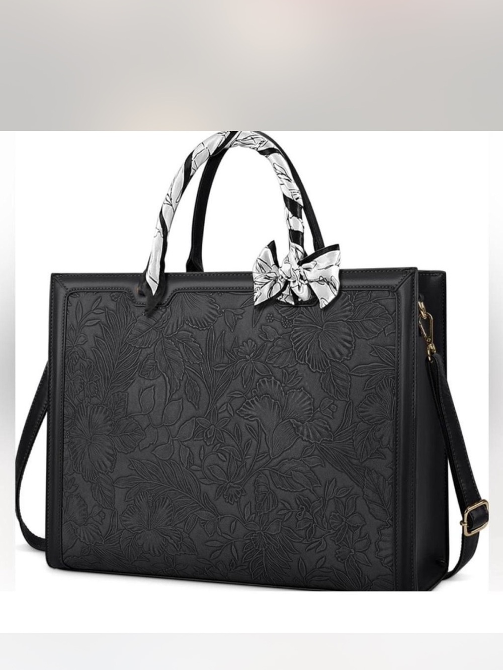 Black Floral Embossed Tote Bag with Scarf Accent
